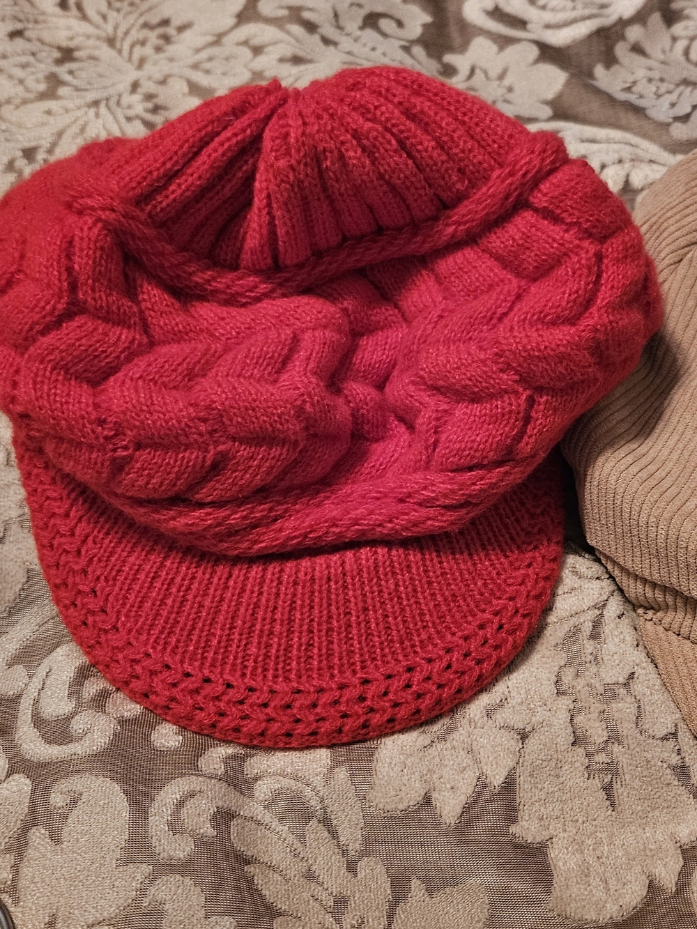 Red Knit Visor Beanie - Women's Winter Hat